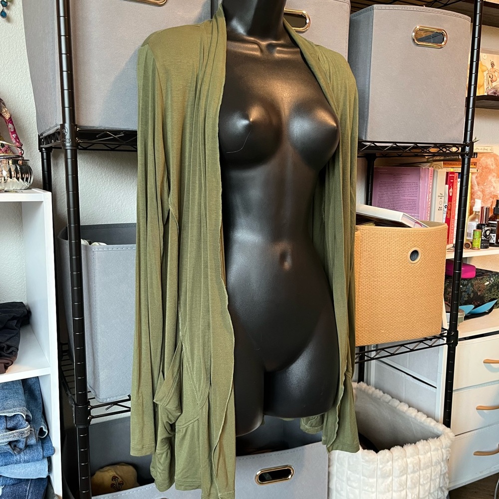 LOGO by Lori Goldstein Olive Green Lightweight Drape Cardigan